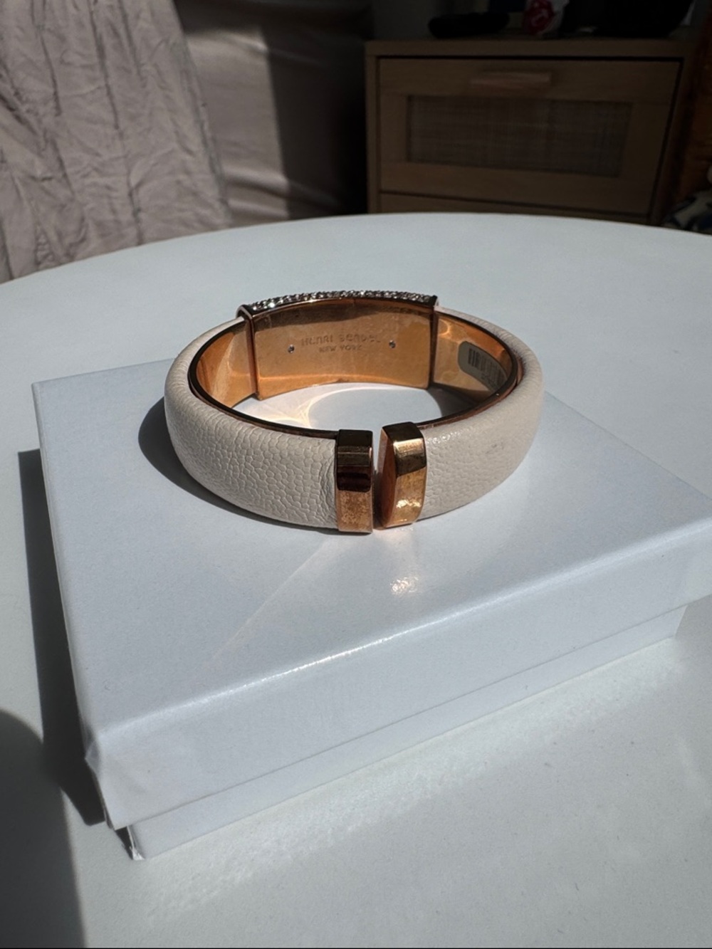 Henri Bendel Crystal Cuff Bracelet Leather Gold Tone Statement Bangle - Picture 5 of 8